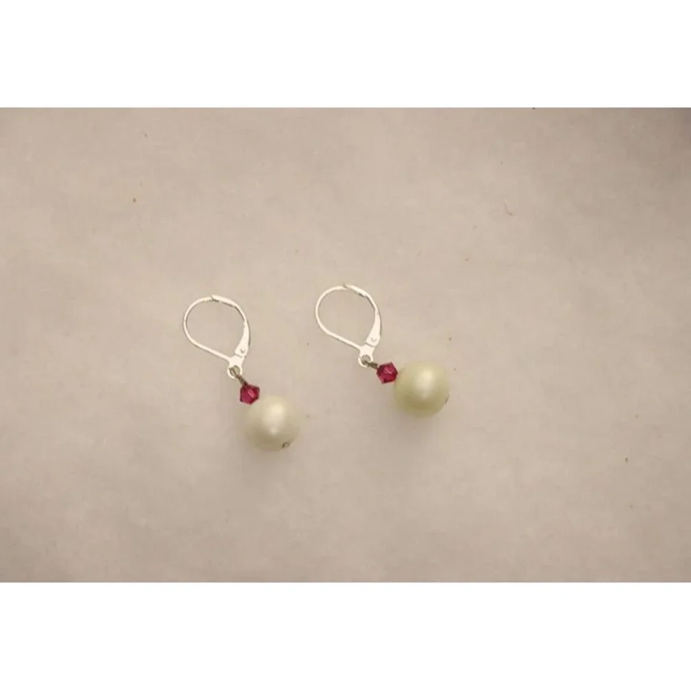 White round pearl style beaded drop earrings with silver metal loop